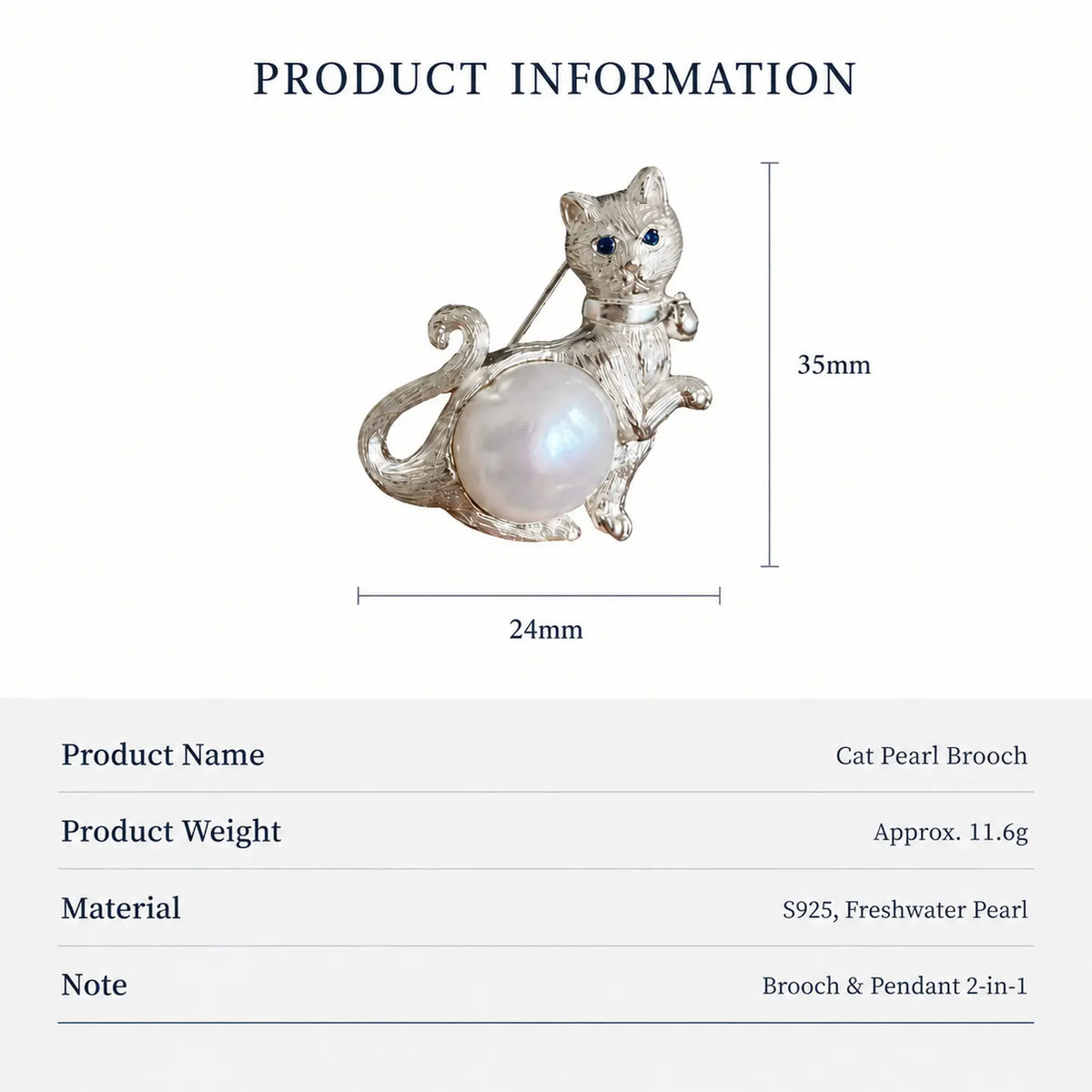 Paw-Raised Cat Convertible Brooch Pendant with Freshwater Pearl Belly