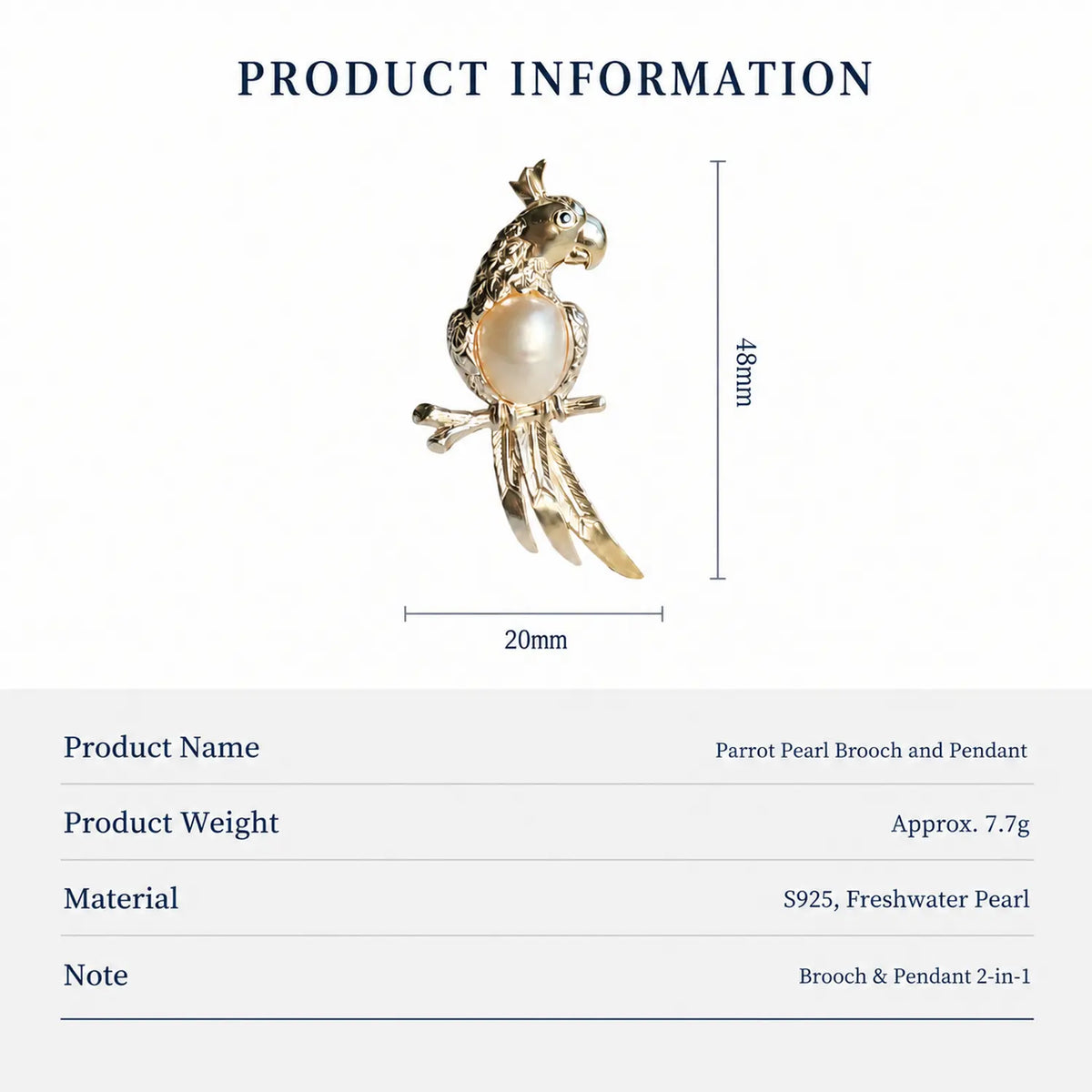 Freshwater Pearl Parrot Brooch Pendant in Sterling Silver