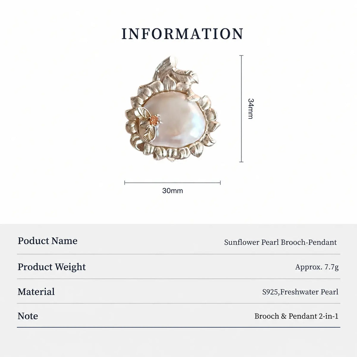 Sunflower Brooch Pendant with Baroque Pearl