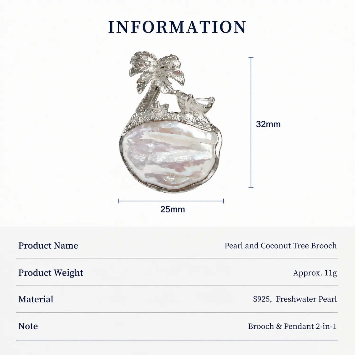Baroque Pearl Palm Tree Brooch Pendant in Sterling Silver
