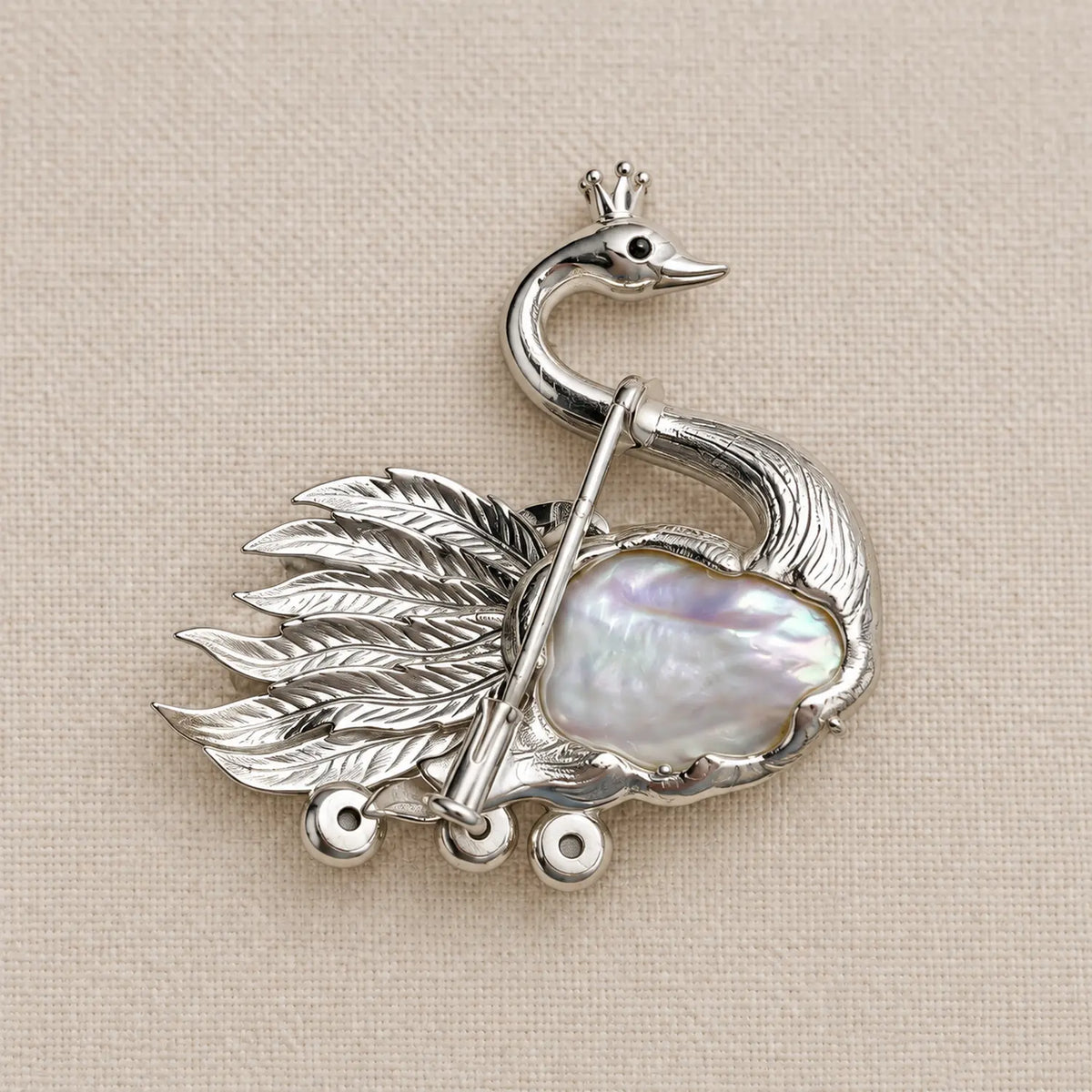 Crowned Swan Brooch with Baroque Pearl