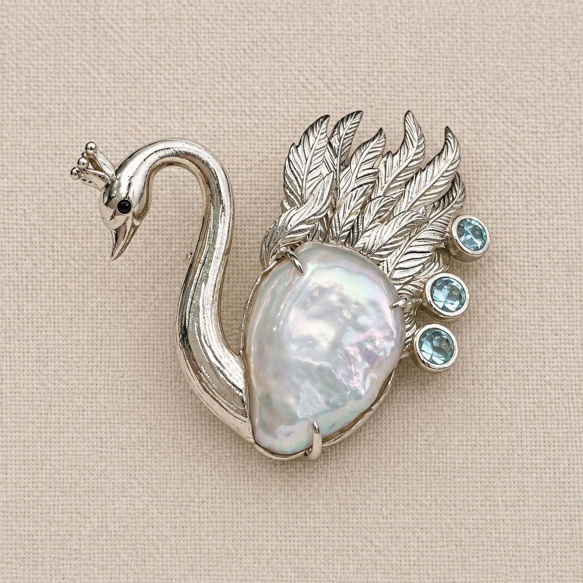 Crowned Swan Brooch with Baroque Pearl