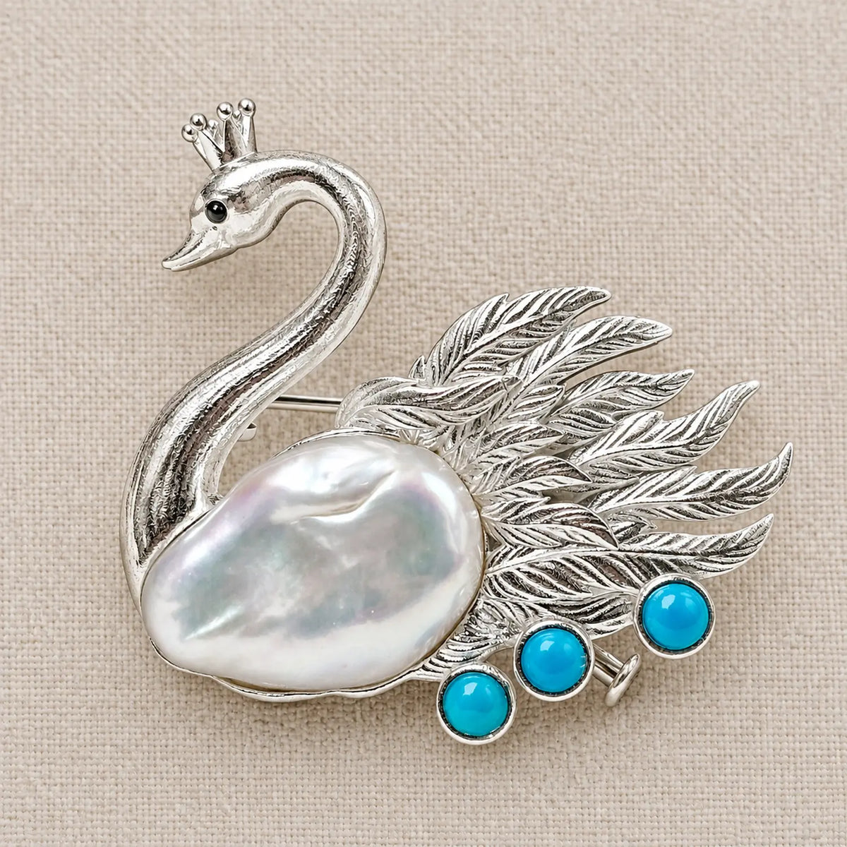 Crowned Swan Brooch with Baroque Pearl