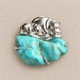 Mother & Calf Hippo Brooch with Turquoise