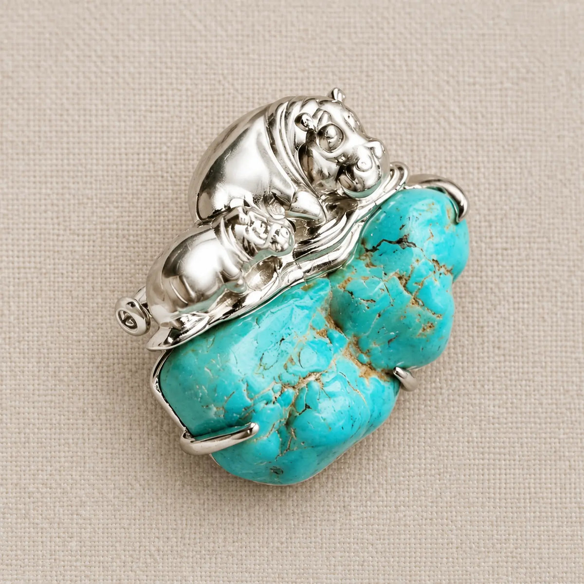 Mother & Calf Hippo Brooch with Turquoise