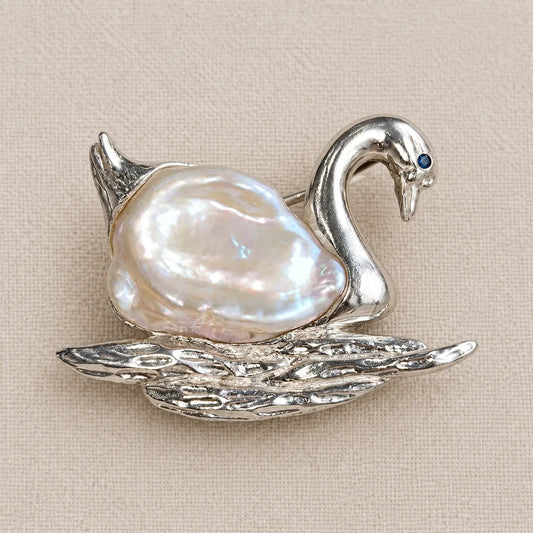Baroque Pearl Swan Brooch in Sterling Silver