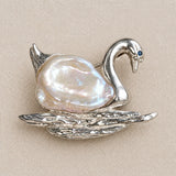 Baroque Pearl Swan Brooch in Sterling Silver