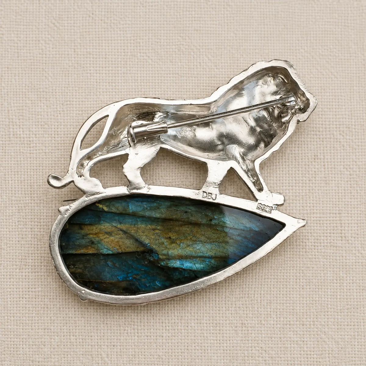 Labradorite Lion Brooch in Sterling Silver