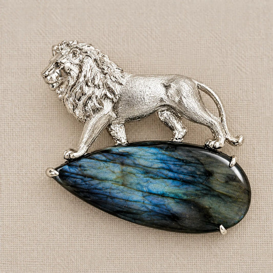 Labradorite Lion Brooch in Sterling Silver