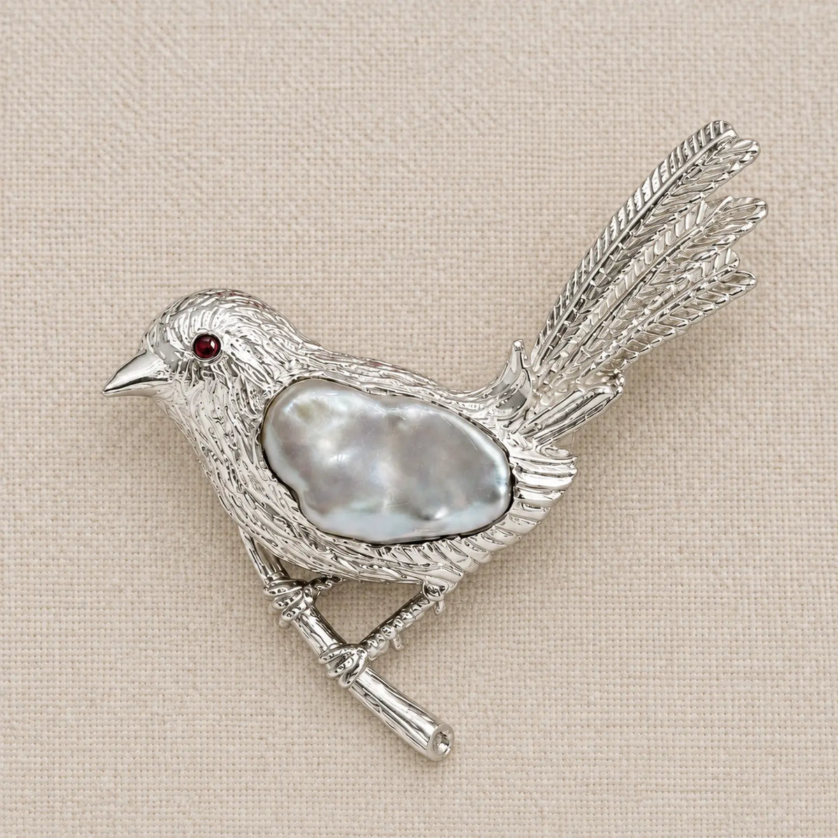 Perched Songbird Brooch with Baroque Pearl