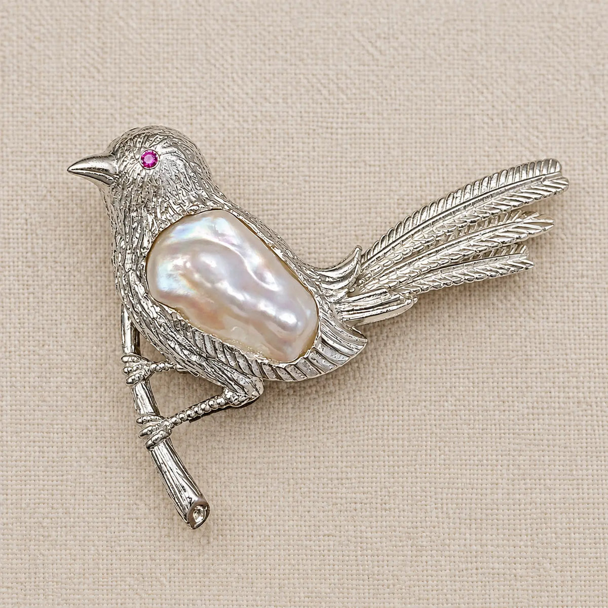 Perched Songbird Brooch with Baroque Pearl