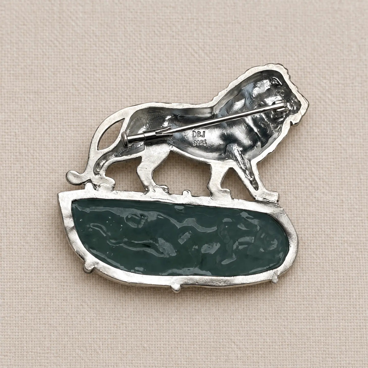Natural Jadeite Lion Brooch in Sterling Silver