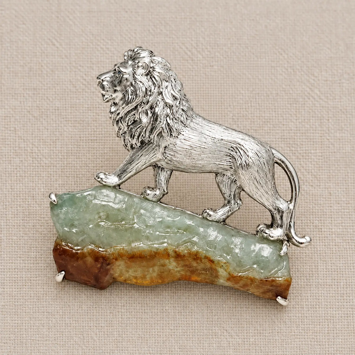 Natural Jadeite Lion Brooch in Sterling Silver
