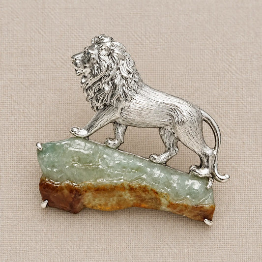 Natural Jadeite Lion Brooch in Sterling Silver