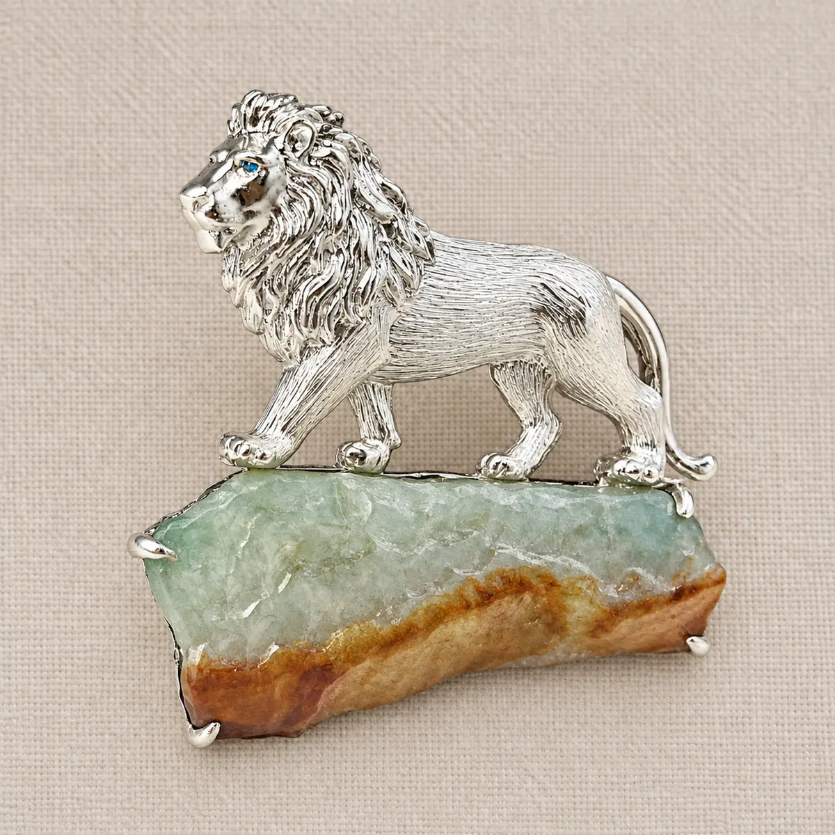 Natural Jadeite Lion Brooch in Sterling Silver