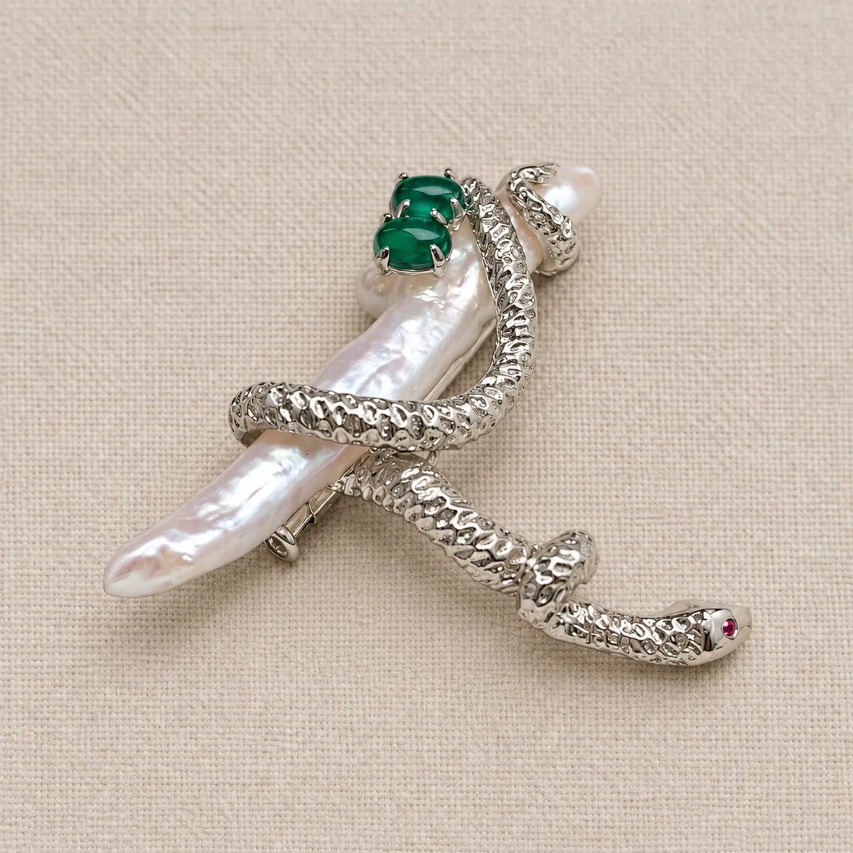 Freshwater Pearl Snake Brooch with Jade Accents