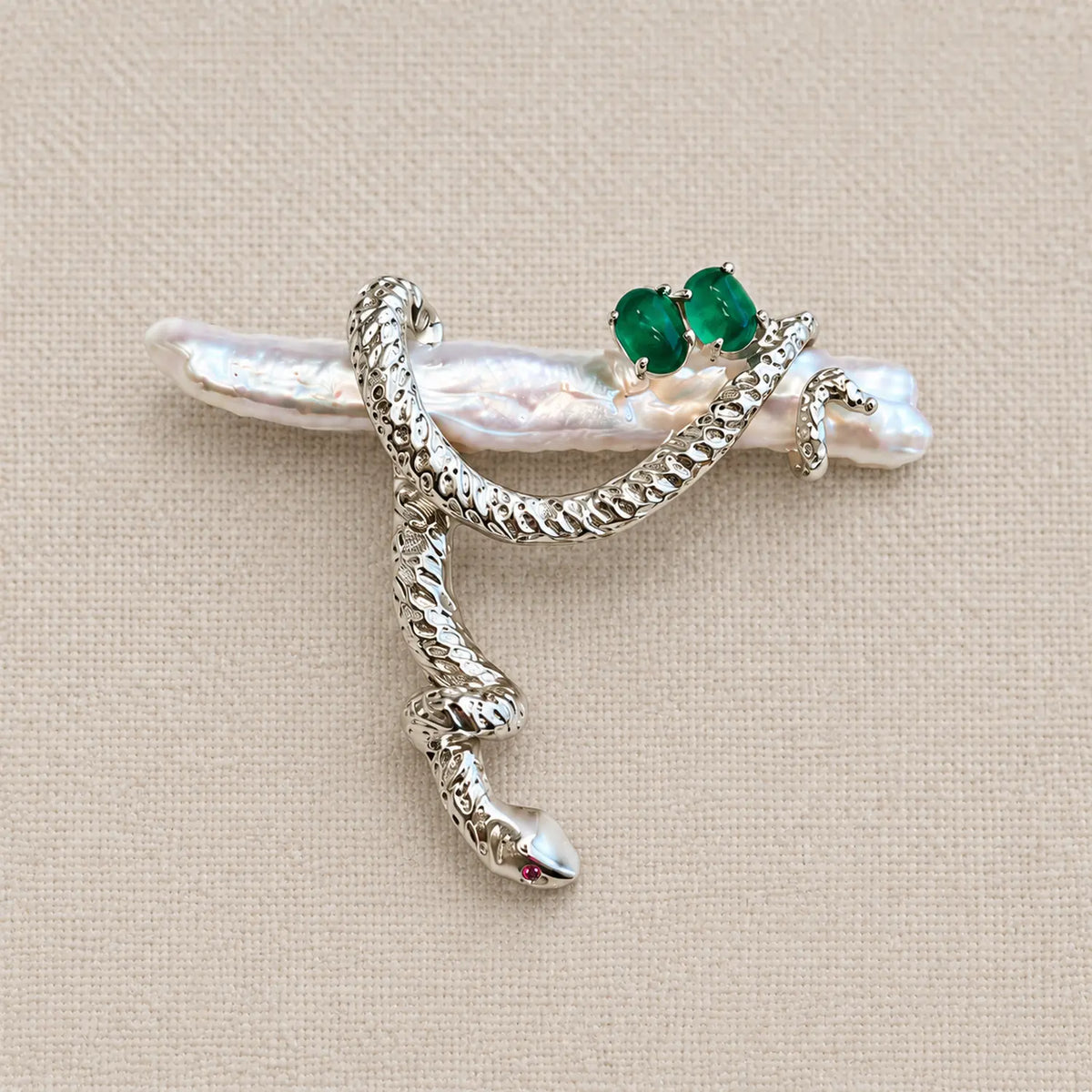 Freshwater Pearl Snake Brooch with Jade Accents