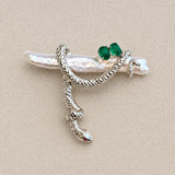 Freshwater Pearl Snake Brooch with Jade Accents
