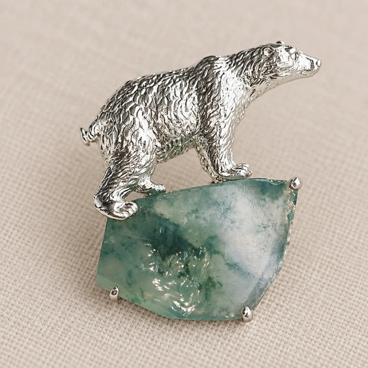Polar Bear Brooch with Natural Jadeite