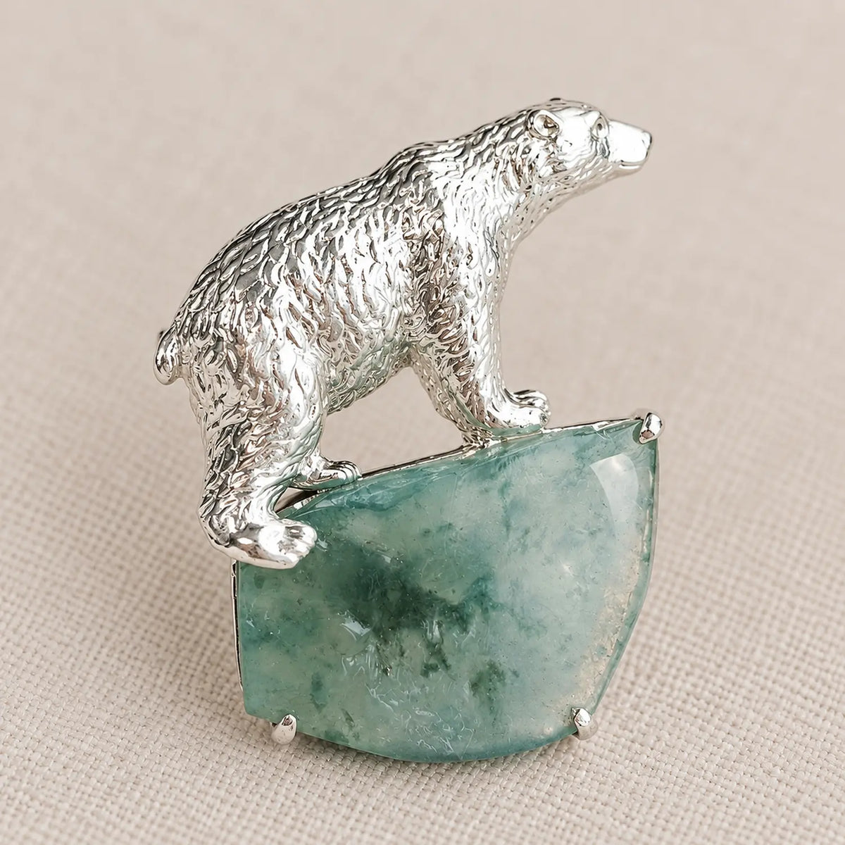 Polar Bear Brooch with Natural Jadeite