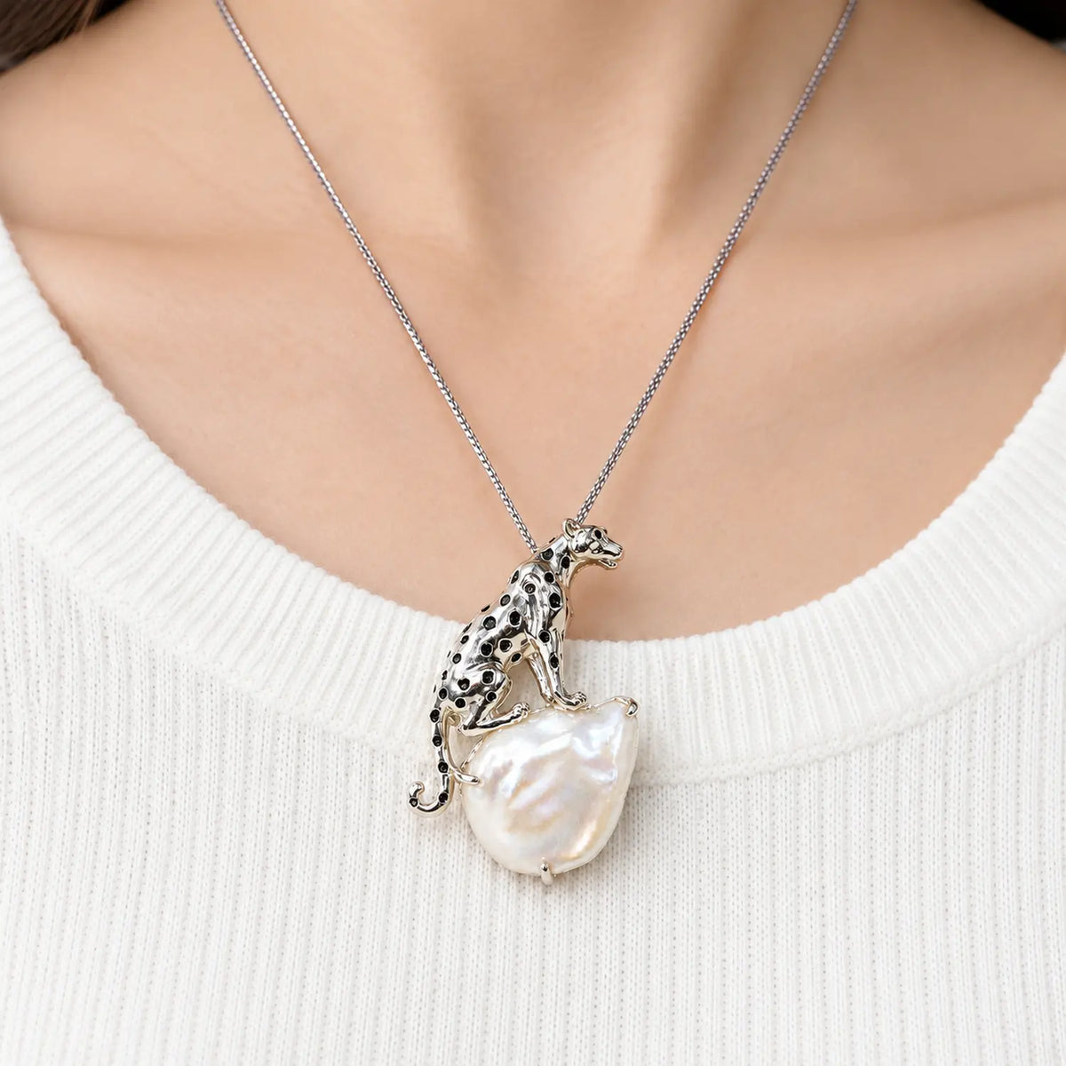 Baroque Pearl Leopard Brooch Pendant in Sterling Silver