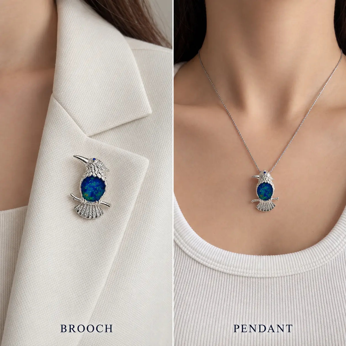 Blue Enamel Bird Brooch Pendant on Branch in Sterling Silver