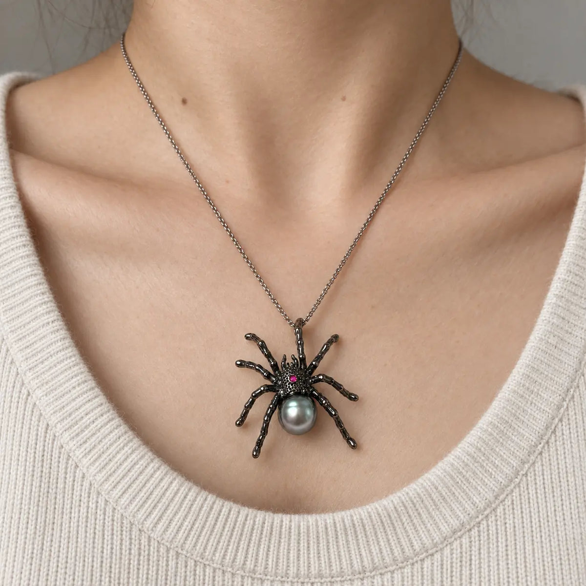 Black Pearl Spider Brooch Pendant in Sterling Silver
