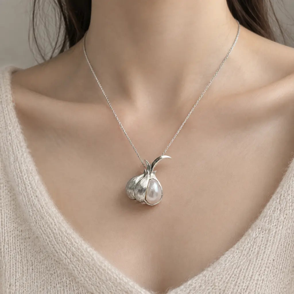 Peeled Garlic Convertible Brooch Pendant with Baroque Pearl Clove