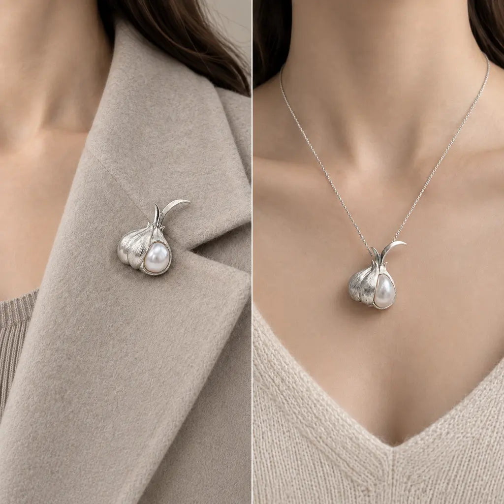 Peeled Garlic Convertible Brooch Pendant with Baroque Pearl Clove