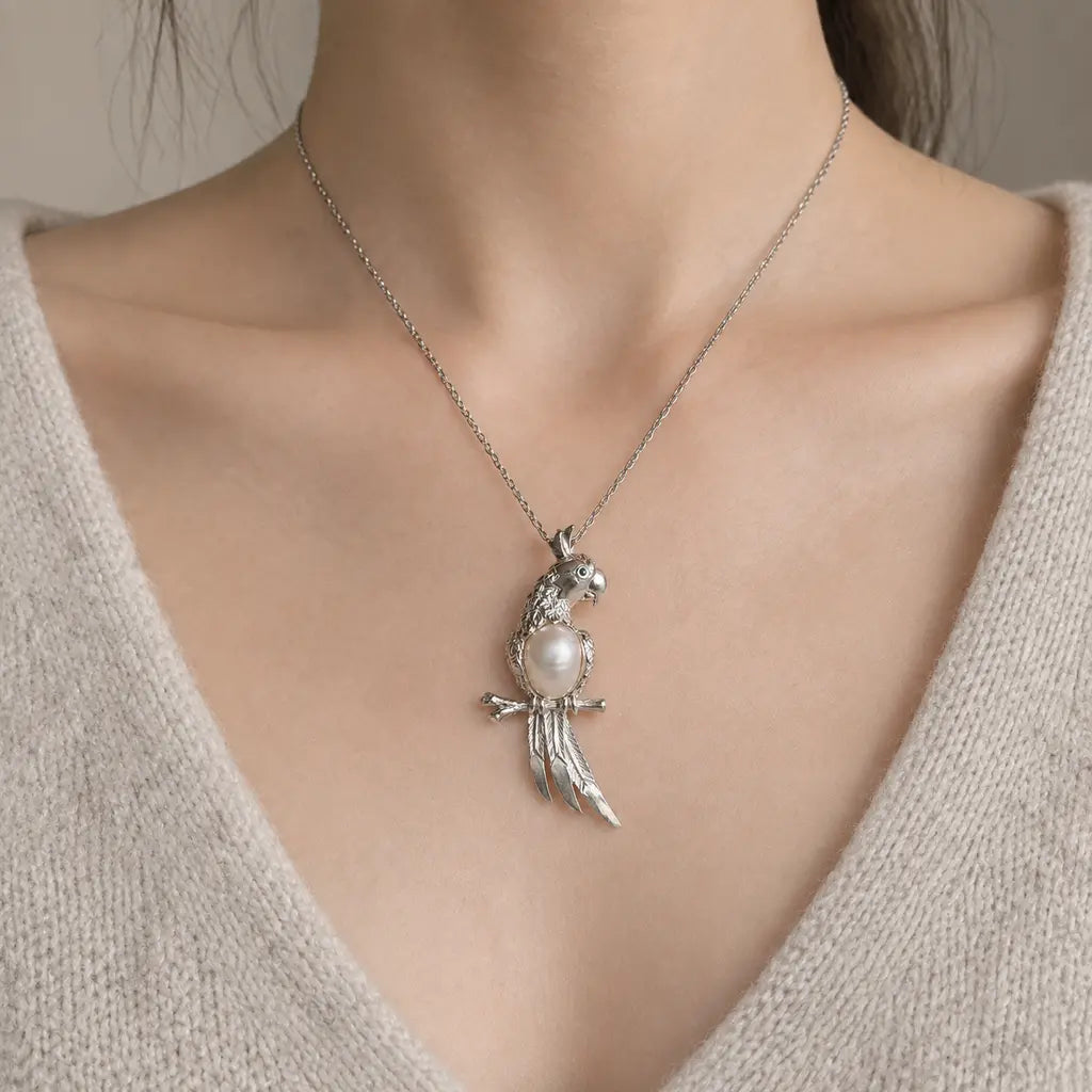 Freshwater Pearl Parrot Brooch Pendant in Sterling Silver