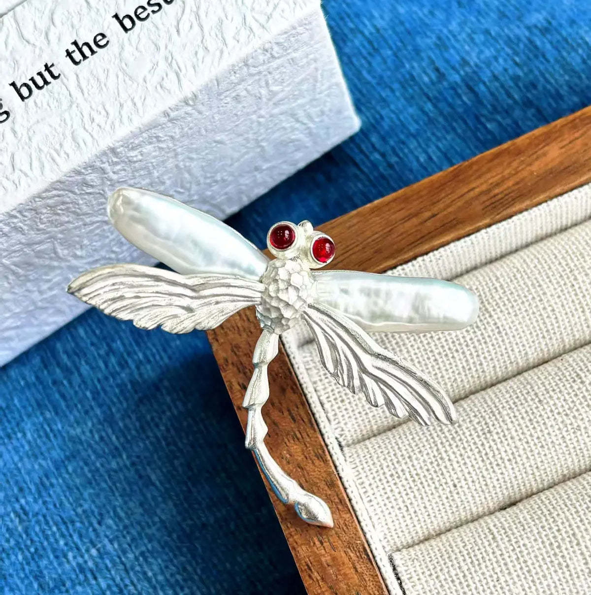 Convertible hovering dragonfly silver pendant and brooch in a styling photo