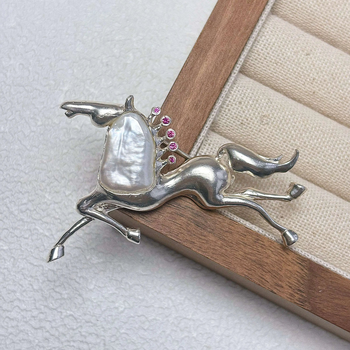 Handmade brooch for women — baroque pearl galloping horse silver brooch styling photo