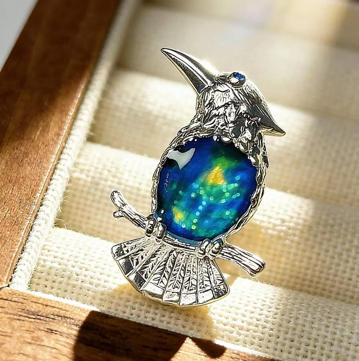 Handmade brooch for women — cobalt blue enamel perched kingfisher silver brooch styling photo