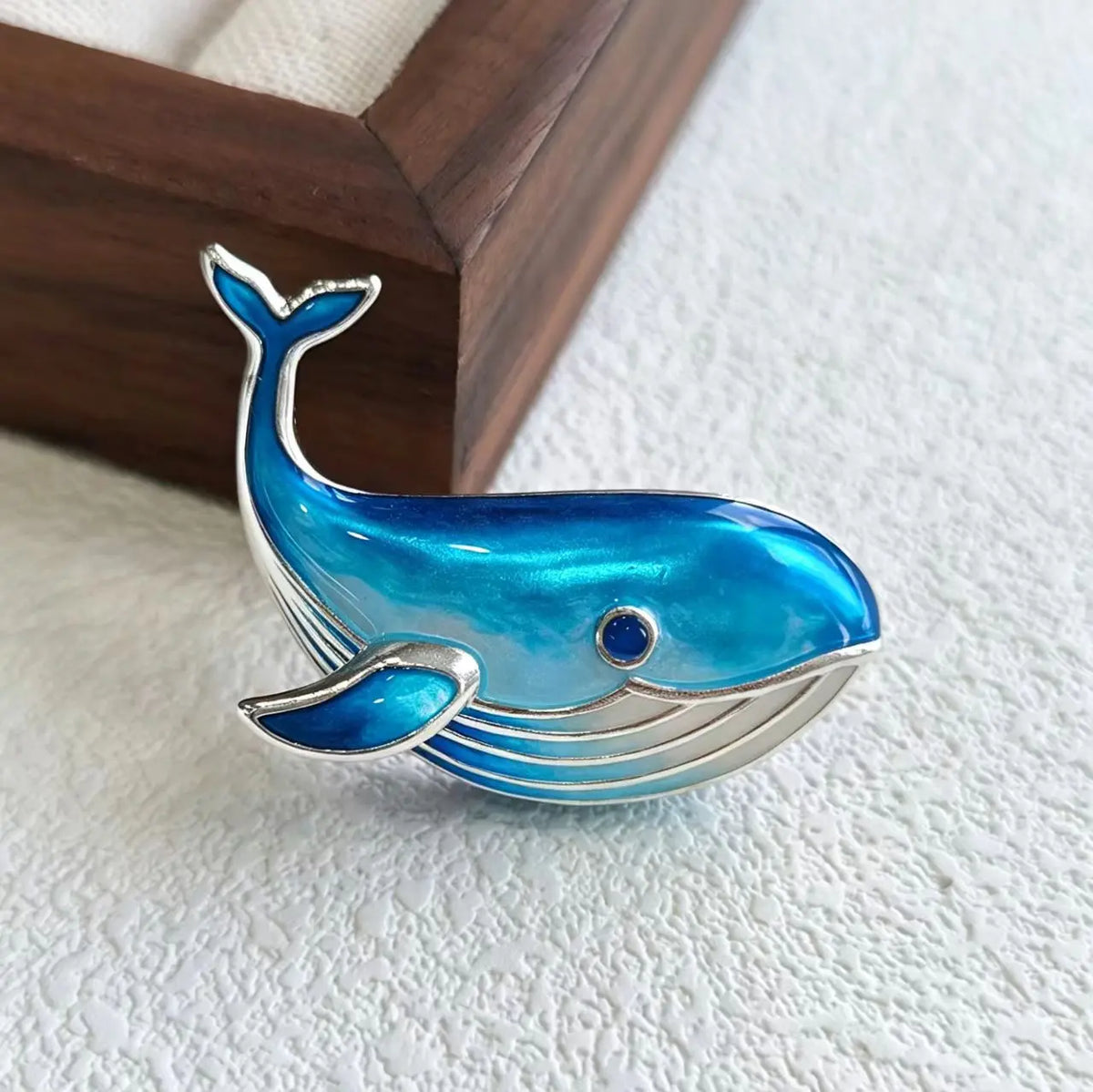 Handmade brooch for women — gradient blue enamel gliding whale silver brooch styling photo