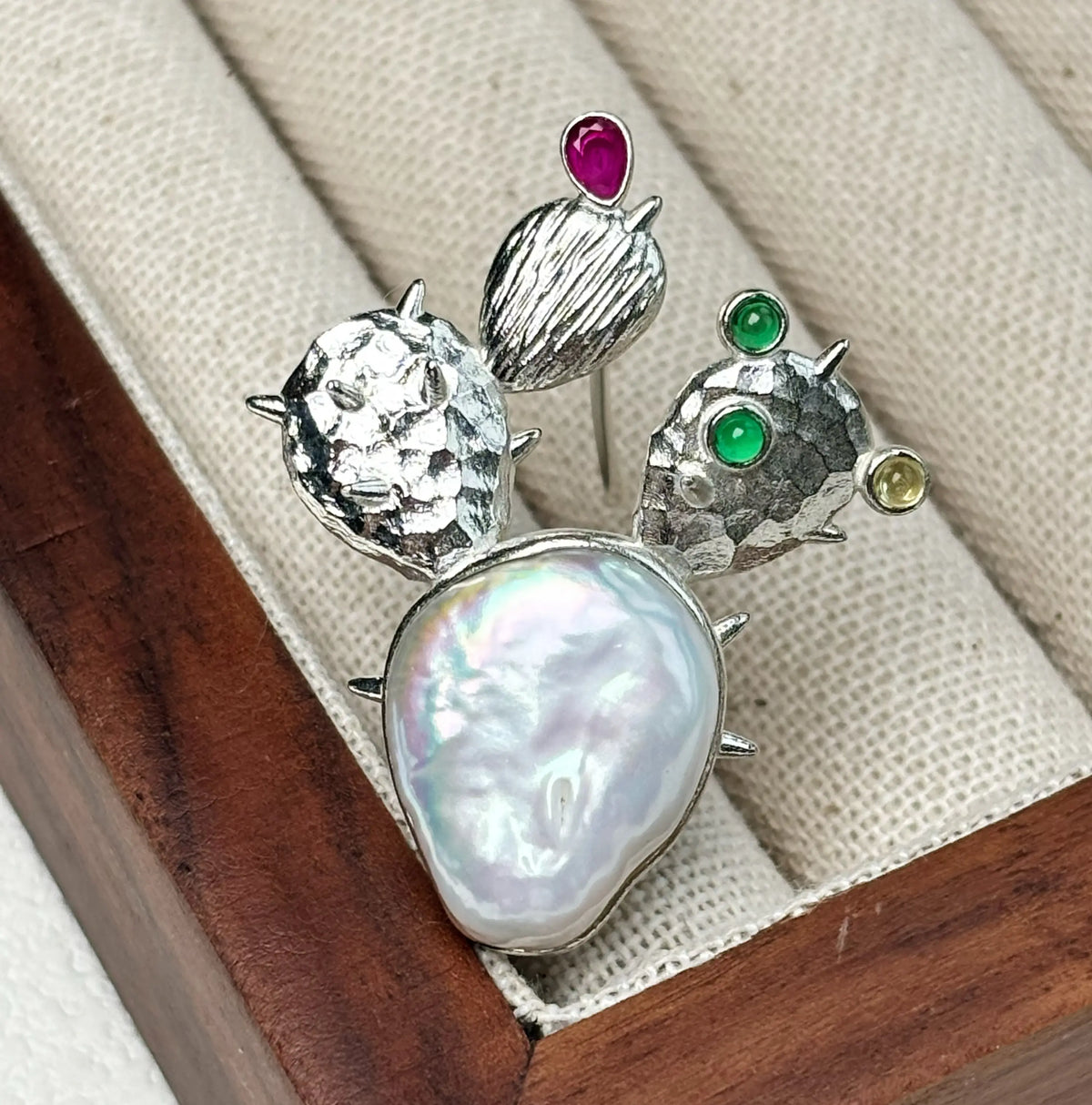 Unique baroque pearl blooming cactus brooch for women — artisan styling detail