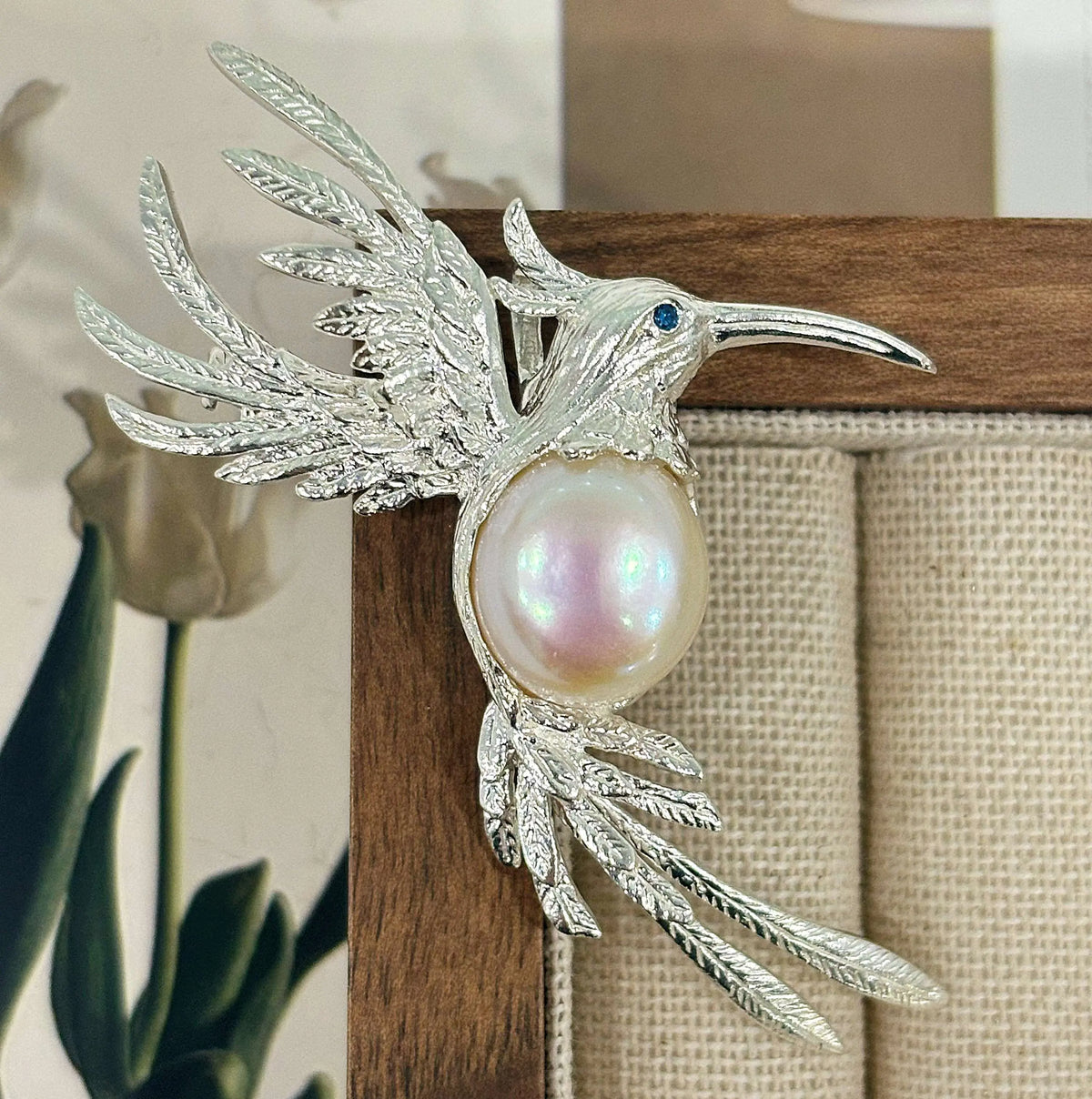 Handmade brooch for women — freshwater pearl fluttering hummingbird silver brooch styling photo
