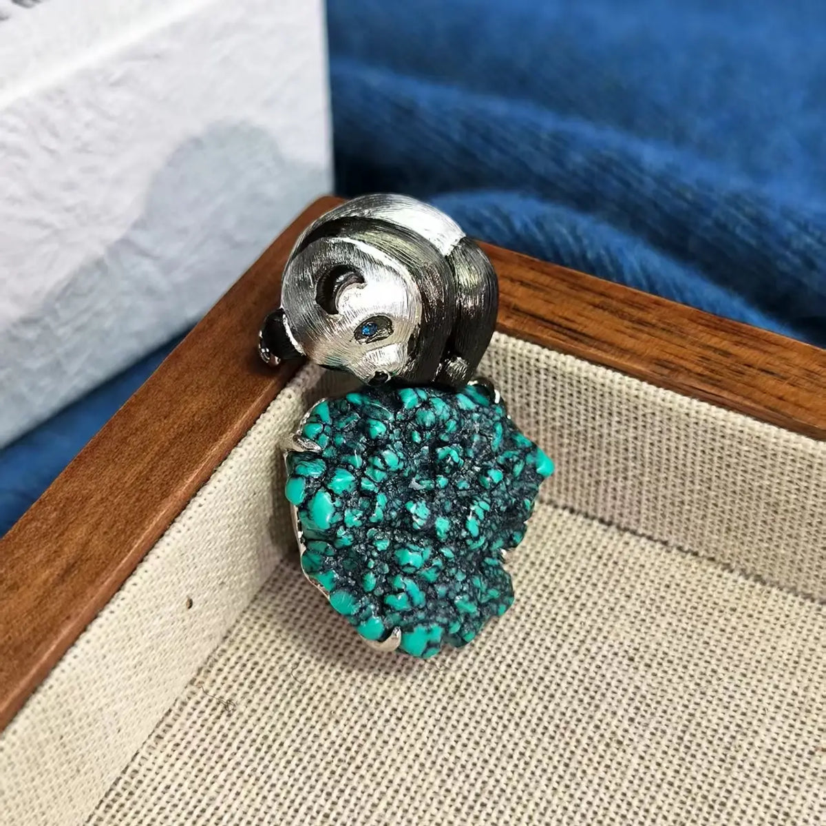 Unique natural turquoise serene panda brooch for women — artisan styling detail