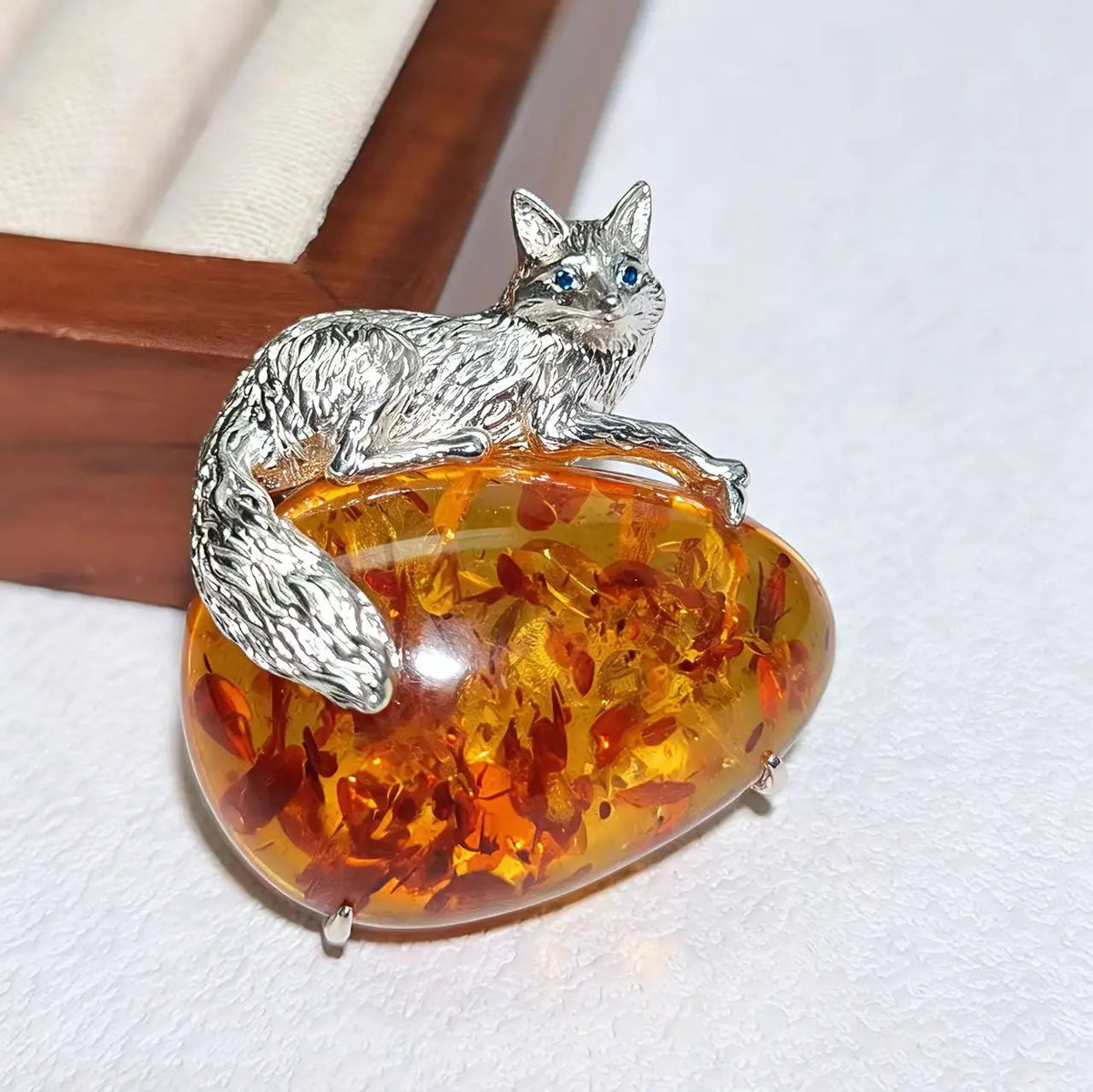 Handmade brooch for women — natural flower amber resting fox silver brooch styling photo