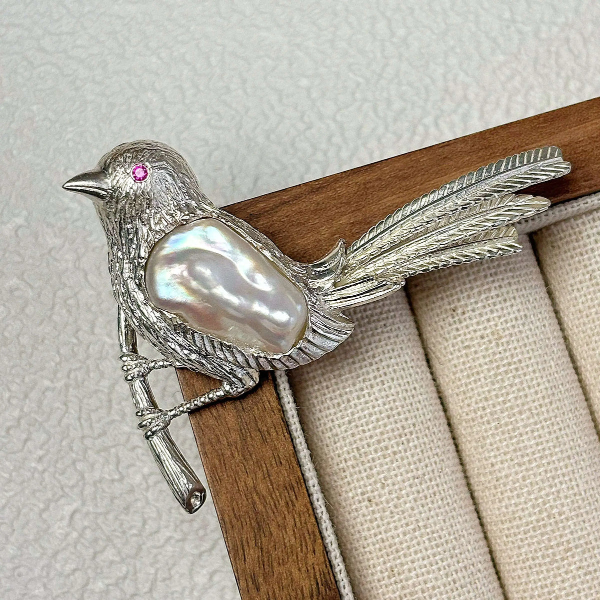 Unique gemstone jewelry — handmade baroque pearl songbird silver brooch