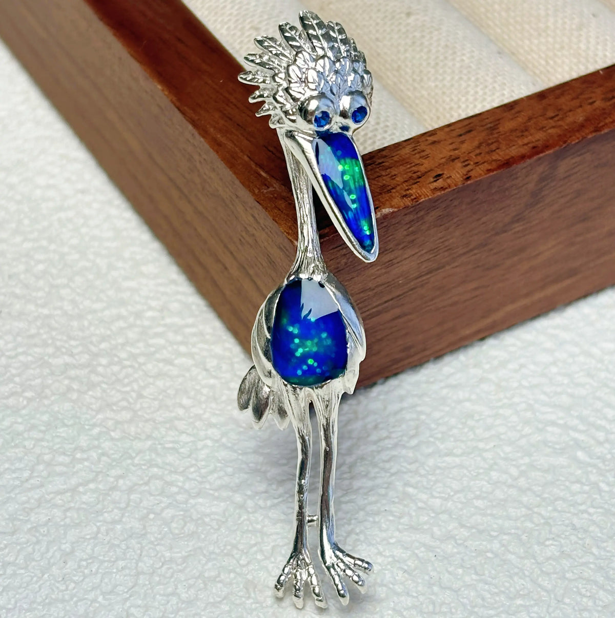 Handmade brooch for women — natural banded agate perched owl silver brooch styling photo