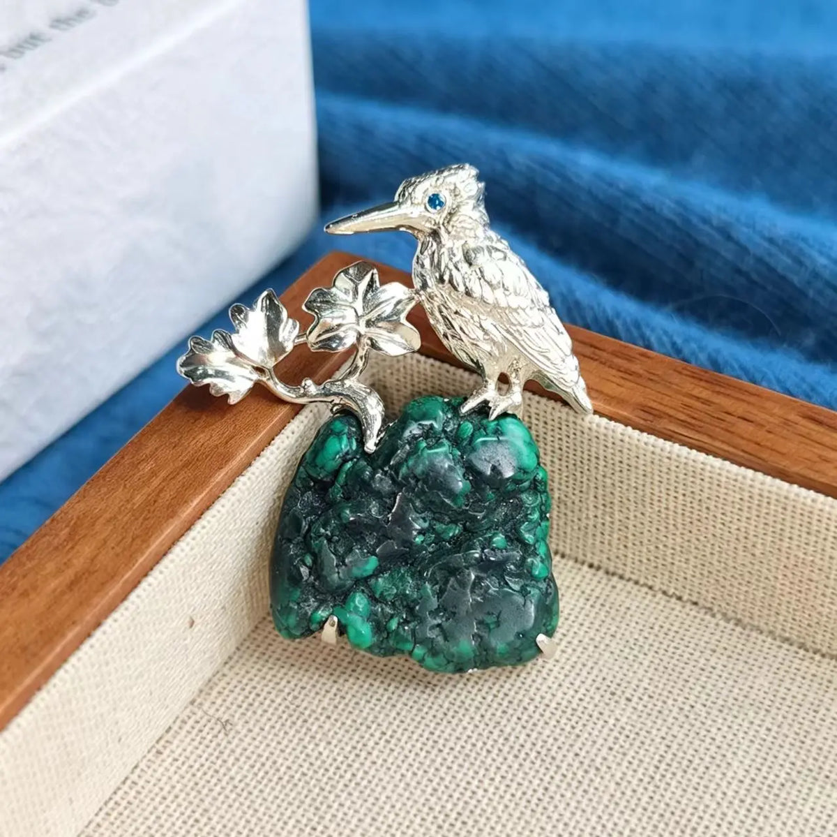 Unique natural turquoise autumn maple leaf bird brooch for women — artisan styling detail