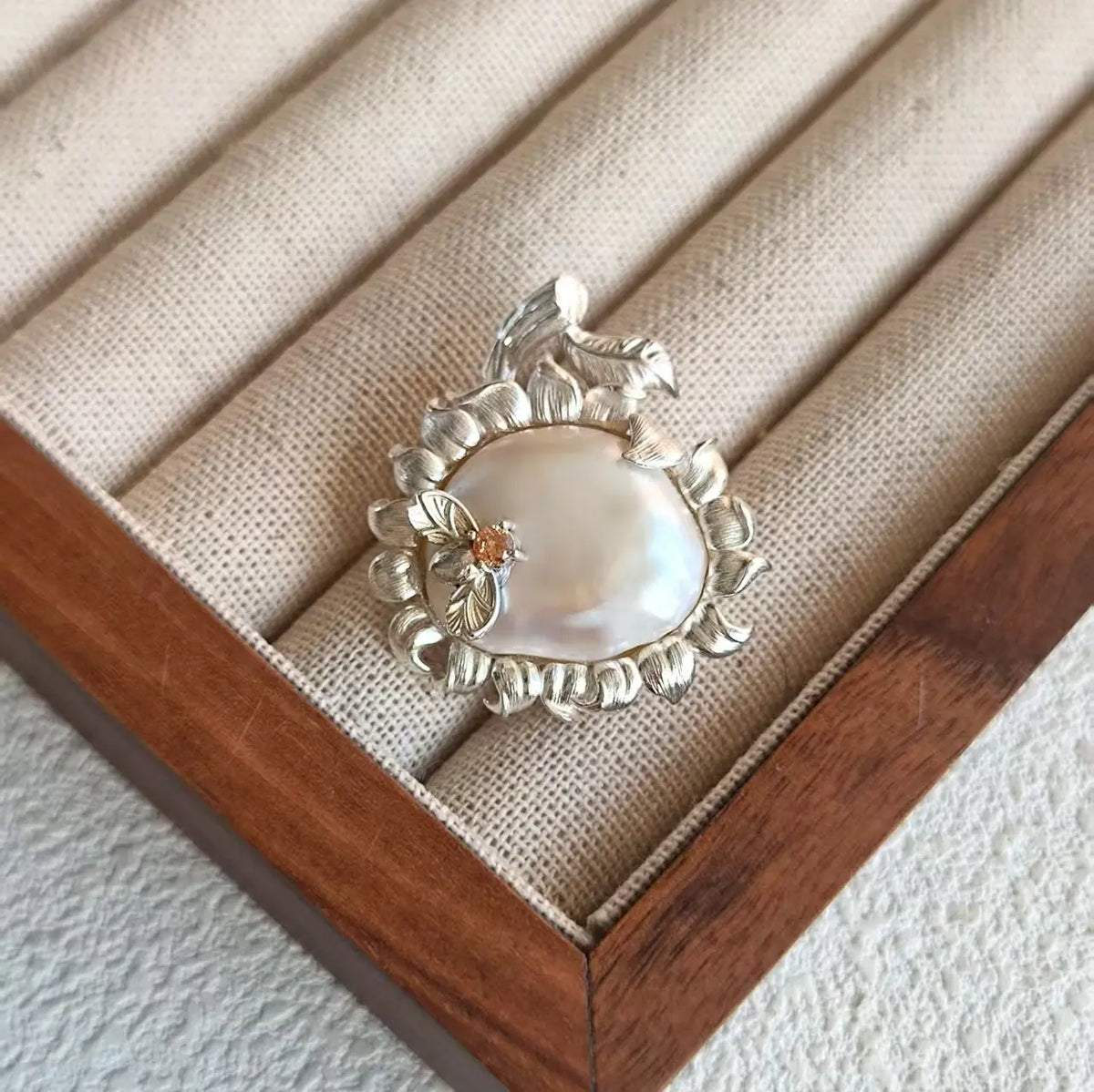 Handmade baroque pearl radiant sunflower brooch for women — wearable silver jewelry detail