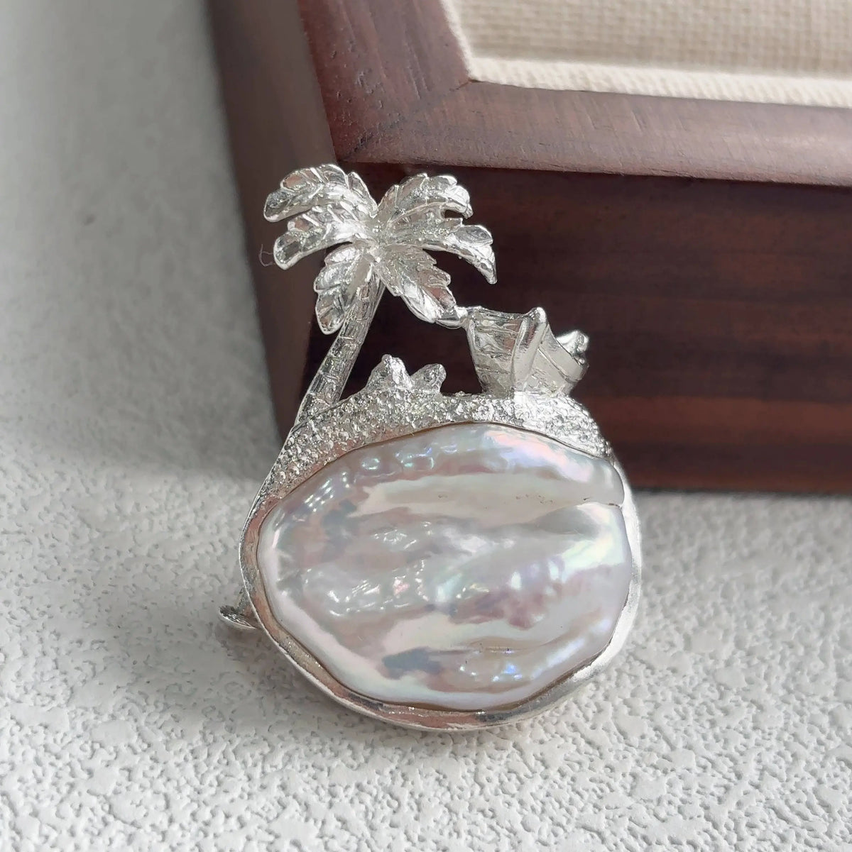 Unique baroque pearl coconut palm tree brooch for women — artisan styling detail