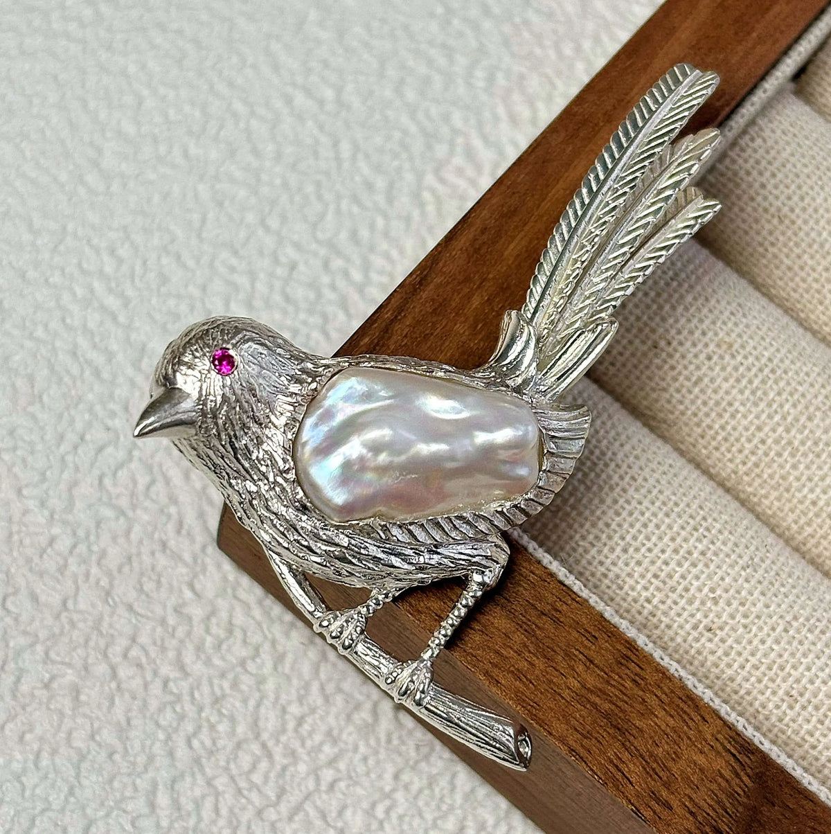 Handmade gemstone jewelry — baroque pearl songbird silver brooch