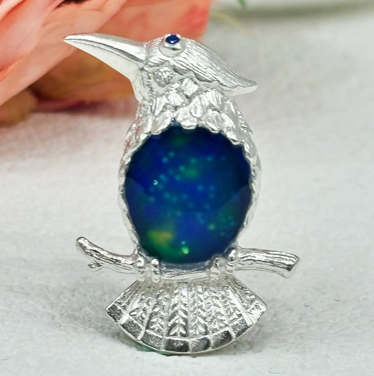 Artisan silver perched kingfisher brooch — handmade jewelry product image