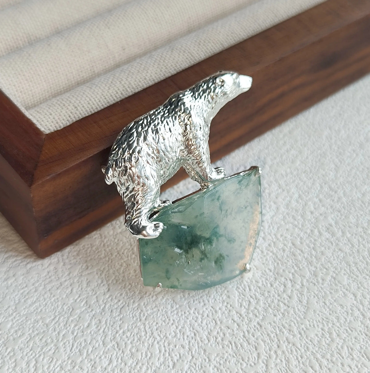 Handmade brooch for women — natural jadeite arctic polar bear silver brooch styling photo