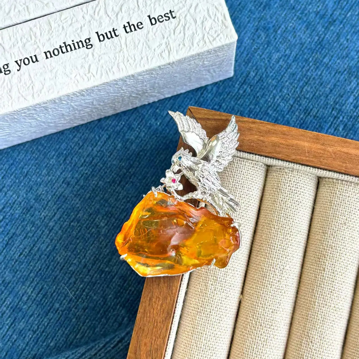 Unique natural amber spreading wings eagle brooch for women — artisan styling detail
