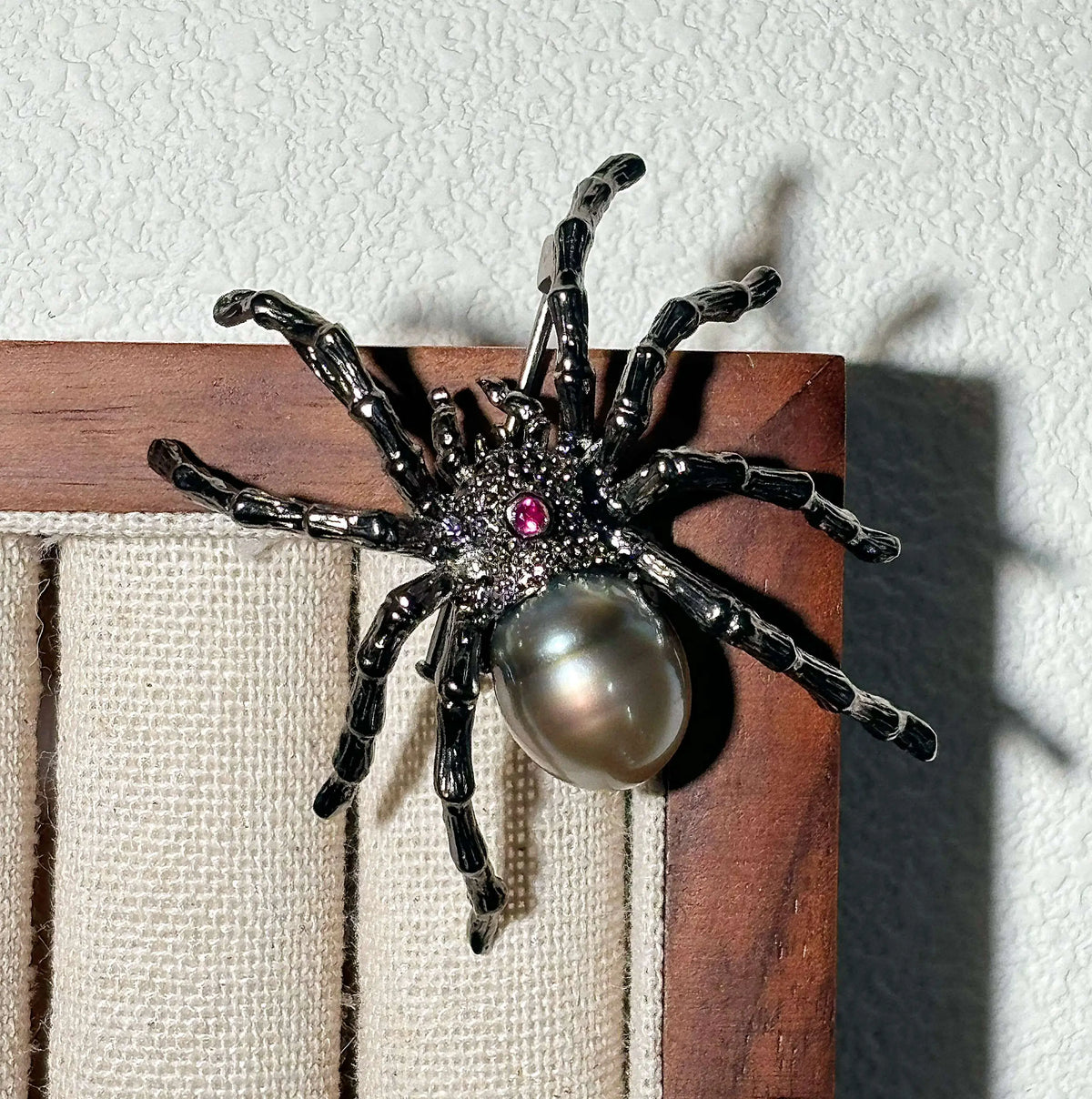 Handmade brooch for women — black pearl web-spinning spider silver brooch styling photo