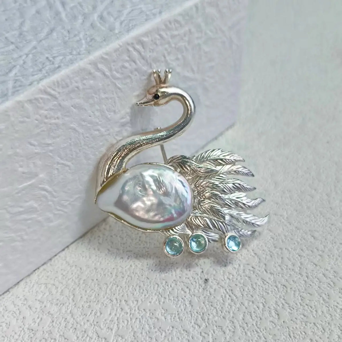 Unique baroque pearl crowned swan brooch for women — artisan styling detail