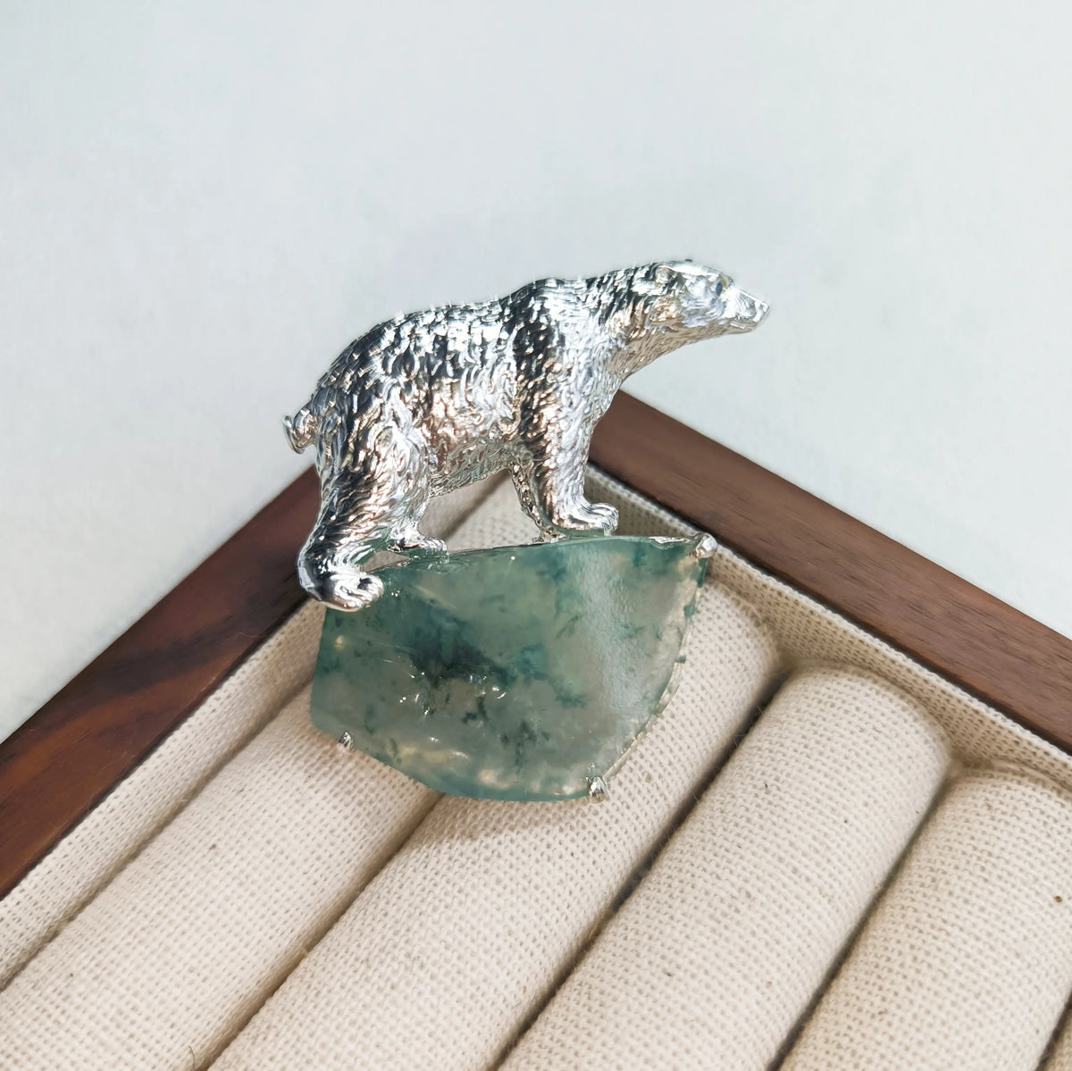 Artisan sterling silver arctic polar bear brooch styling detail with natural jadeite